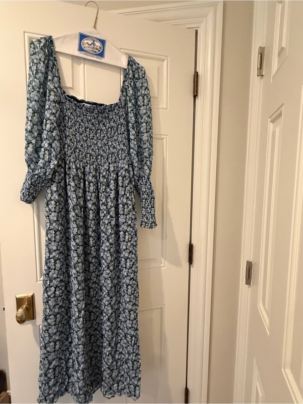 Hill House Nap Dress - Smocked Blue Floral Long-Sleeve Dress - M